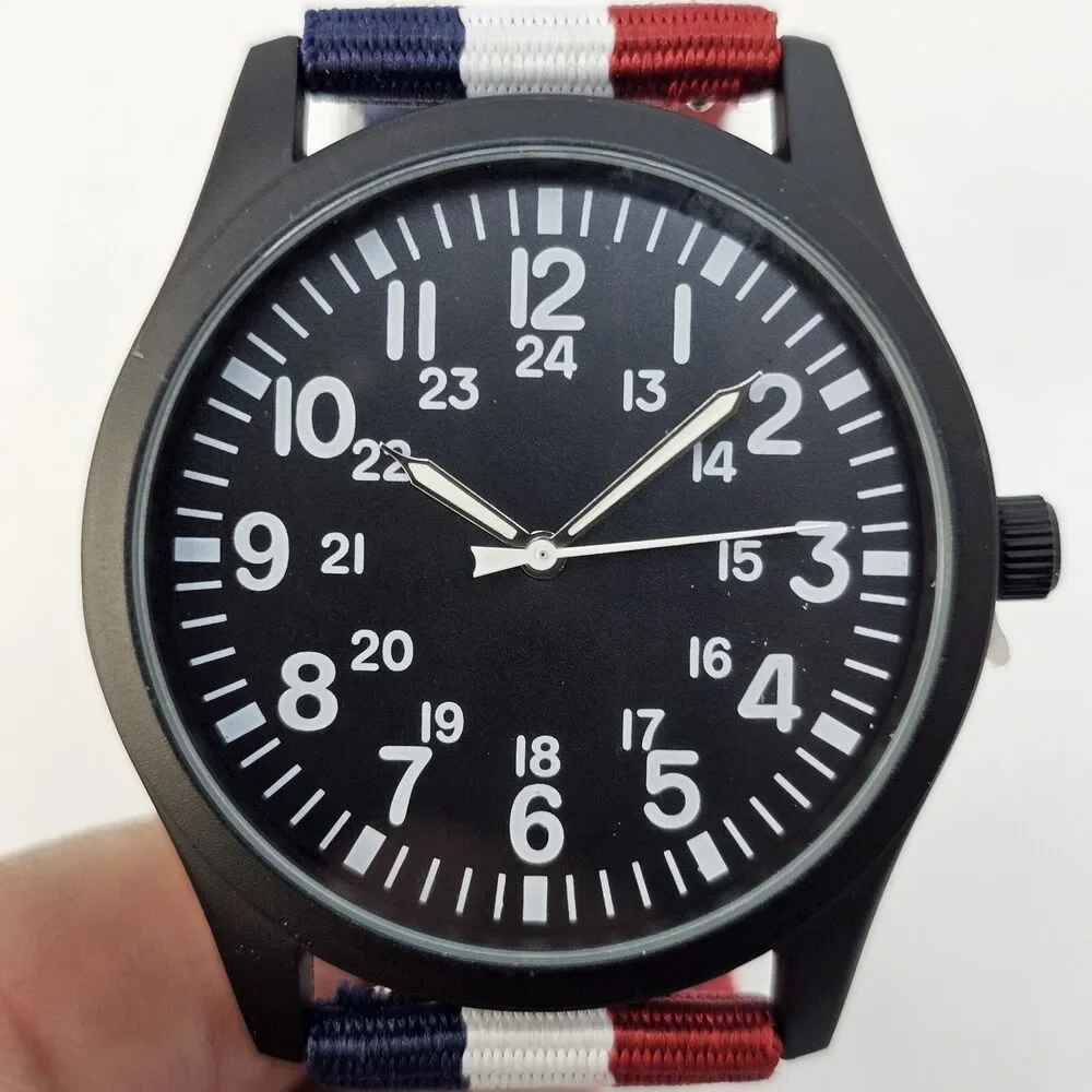 Men's 42MM Field Watch‎ Black Dial Blue White Red Canvas Band Straps New Battery